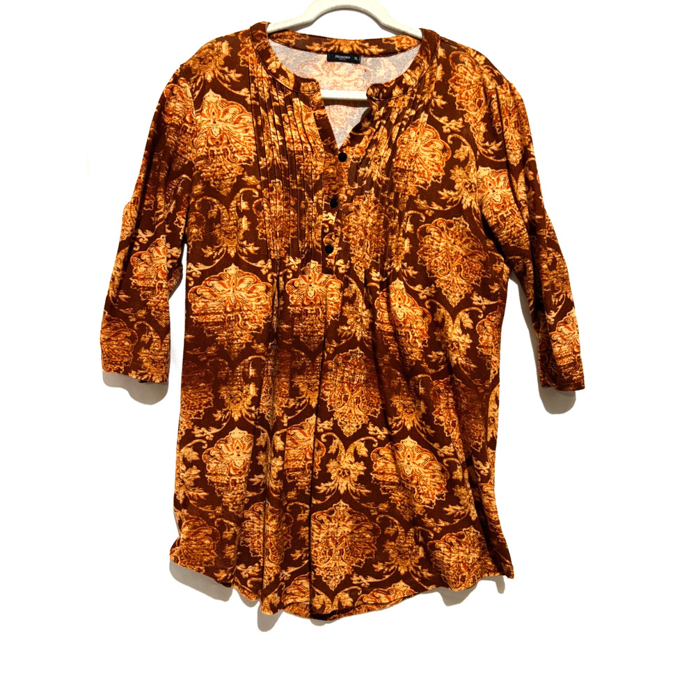 Reborn New York Womens 1XL Brown Rust Damask Paisley Pintuck earthy Tunic Top